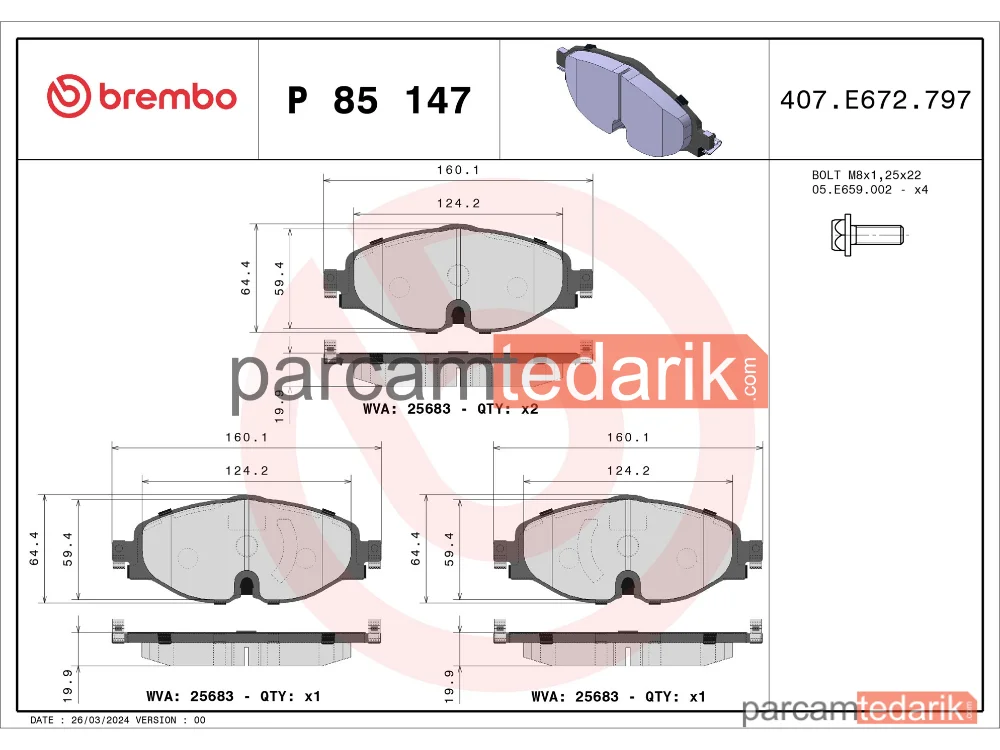 BREMBO P85147 | Fren Balatası (Ön) — VW Caddy IV, VW Caddy IV Mpv, VW Golf VII Variant