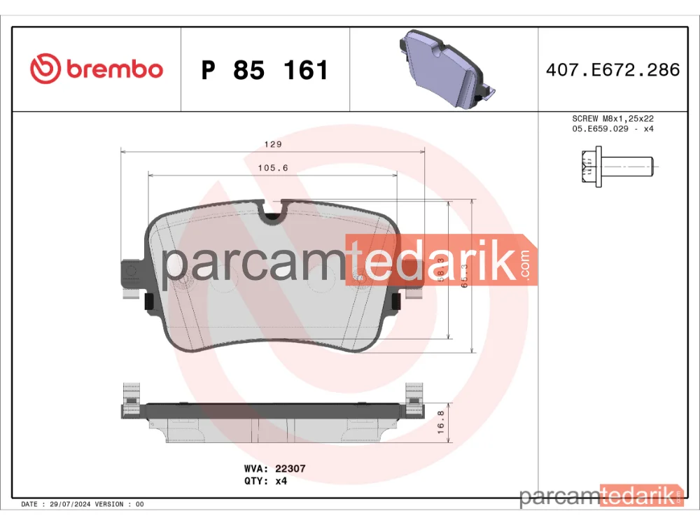 P85161 | Fren Balatası (Arka) — Audi A6 C8, Audi A7, Audi Q7
