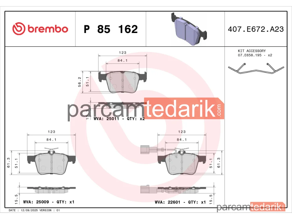 BREMBO P85162 | Fren Balatası (Arka) — Audi A3, Seat Ateca, Audi A3 Limousine