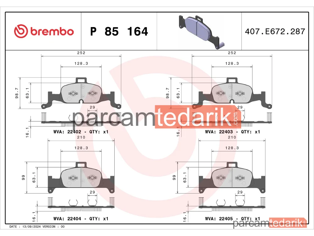 BREMBO P85164 | Fren Balatası (Ön) — Audi A4 B9, Audi A5, Audi Q5