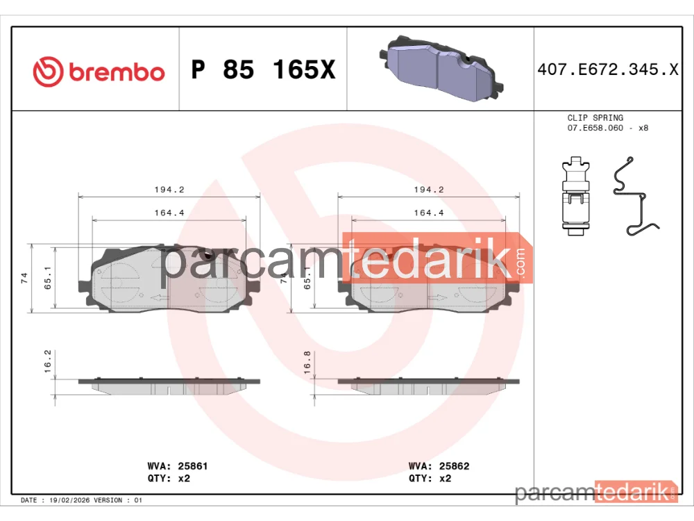 BREMBO P85165X | Fren Balatası (Ön) — Audi A4 B9, Audi A5, Audi Q5