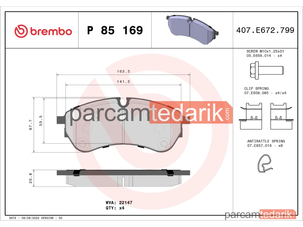 BREMBO P85169 | Fren Balatası (Arka) — VW Crafter, VW Grand California Camper
