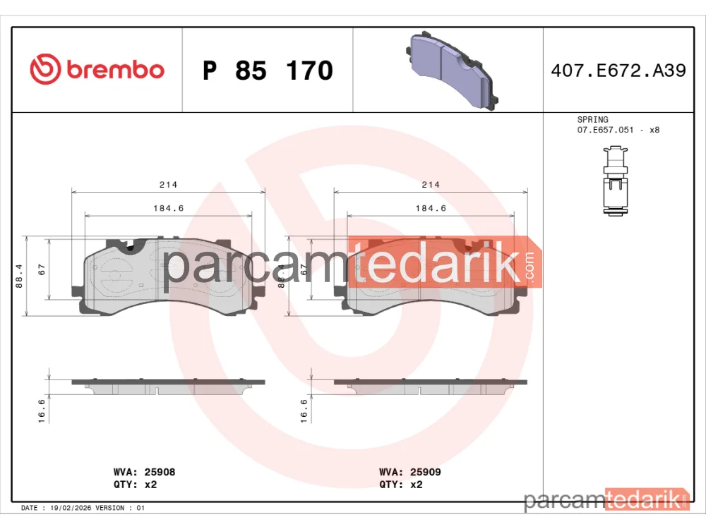 BREMBO P85170 | Fren Balatası (Ön) — Audi A6 C8, Audi A7, Audi Q7