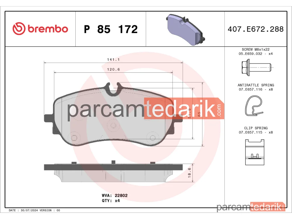 BREMBO P85172 | Fren Balatası — VW Crafter, VW Amarok, VW Grand California Camper