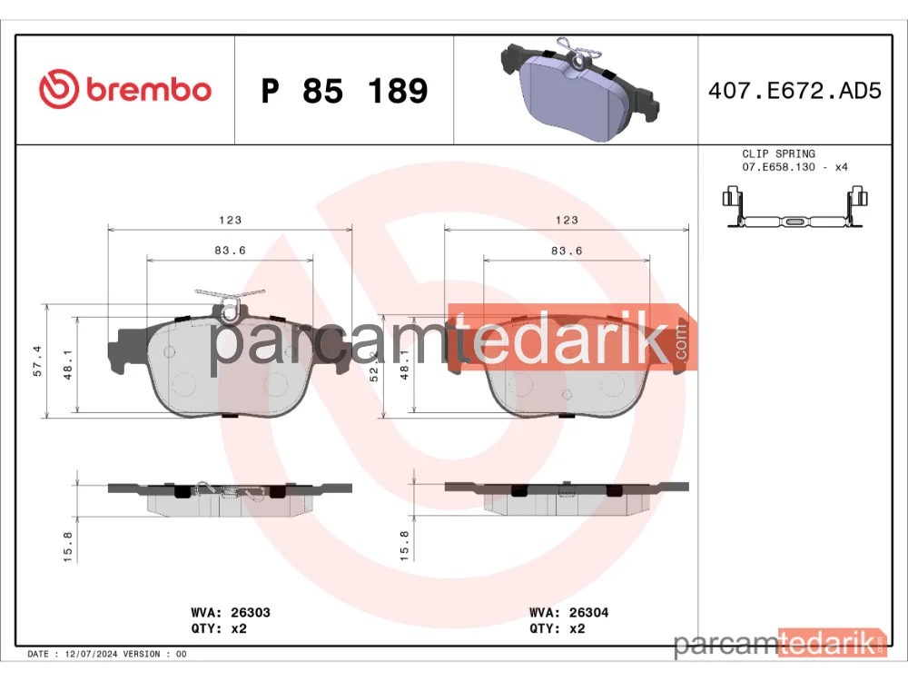 BREMBO P85189 | Fren Balatası (Arka) — Skoda Octavia IV Combi, Seat Leon, Skoda Octavia IV