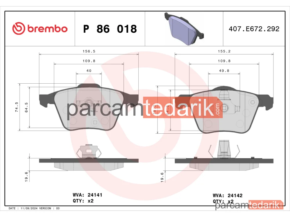 BREMBO P86018 | Fren Balatası (Arka) — Volvo XC90 I