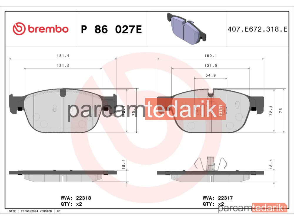 BREMBO P86027E | Fren Balatası (Ön) — Volvo XC90 II, Volvo XC60 II, Volvo S60 III