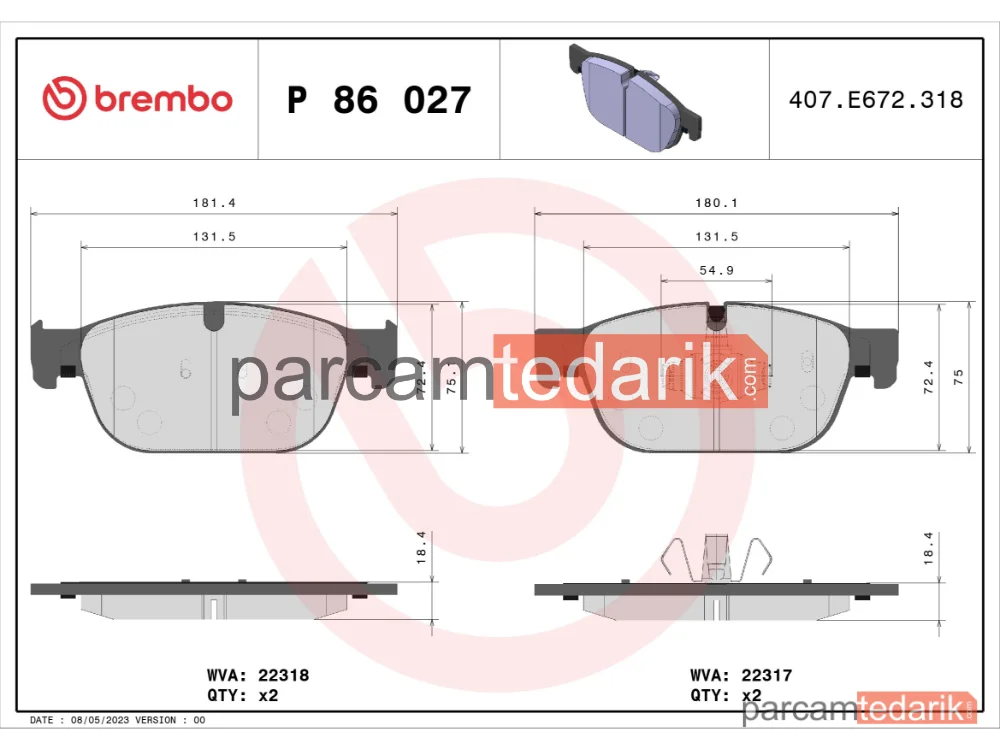 BREMBO P86027 | Fren Balatası (Ön) — Volvo XC60 II, Volvo S90 II, Volvo V90 II