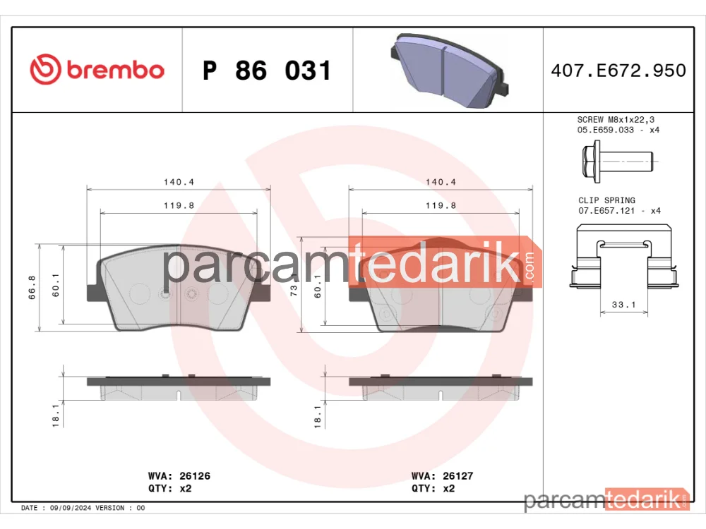 BREMBO P86031 | Fren Balatası (Ön) — Volvo XC40