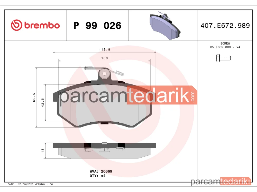 BREMBO P99026 | Fren Balatası (Ön) — Chery Tiggo