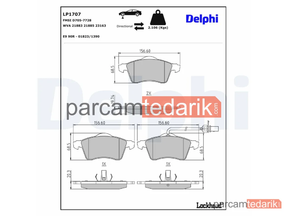 DELPHI LP1707 | Fren Balatası — VW California T4 Camper, VW Transporter T4 Minibüs/Otobüs (70B, 70C, 7DB, 7DK, 70J, 70K,, VW Transporter T4 Panelvan/Van)
