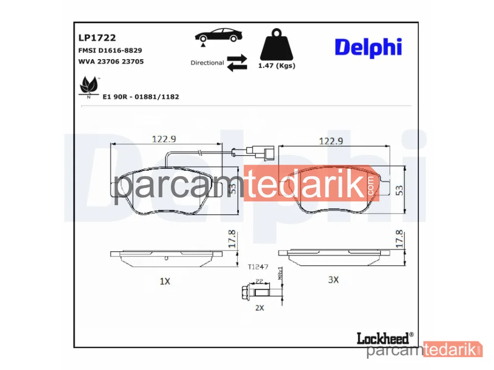 DELPHI LP1722 | Fren Balatası — Abarth 500 / 595 / 695, Abarth 500C / 595C / 695C, Alfa Romeo Mito