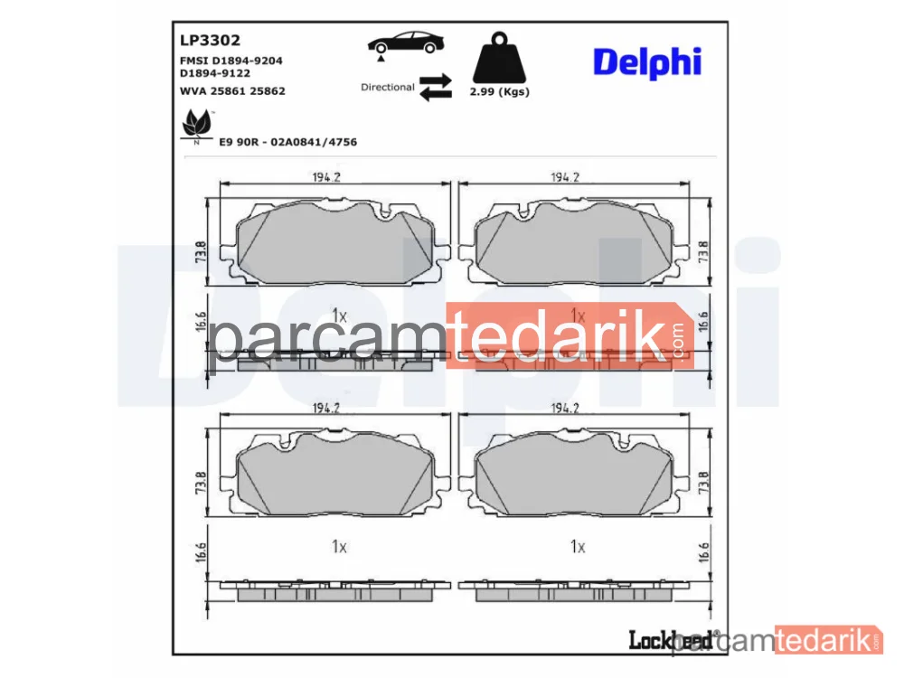 DELPHI LP3302 | Fren Balatası — Audi A4 Allroad B9, Audi A4 B9, Audi A4 B9 Avant