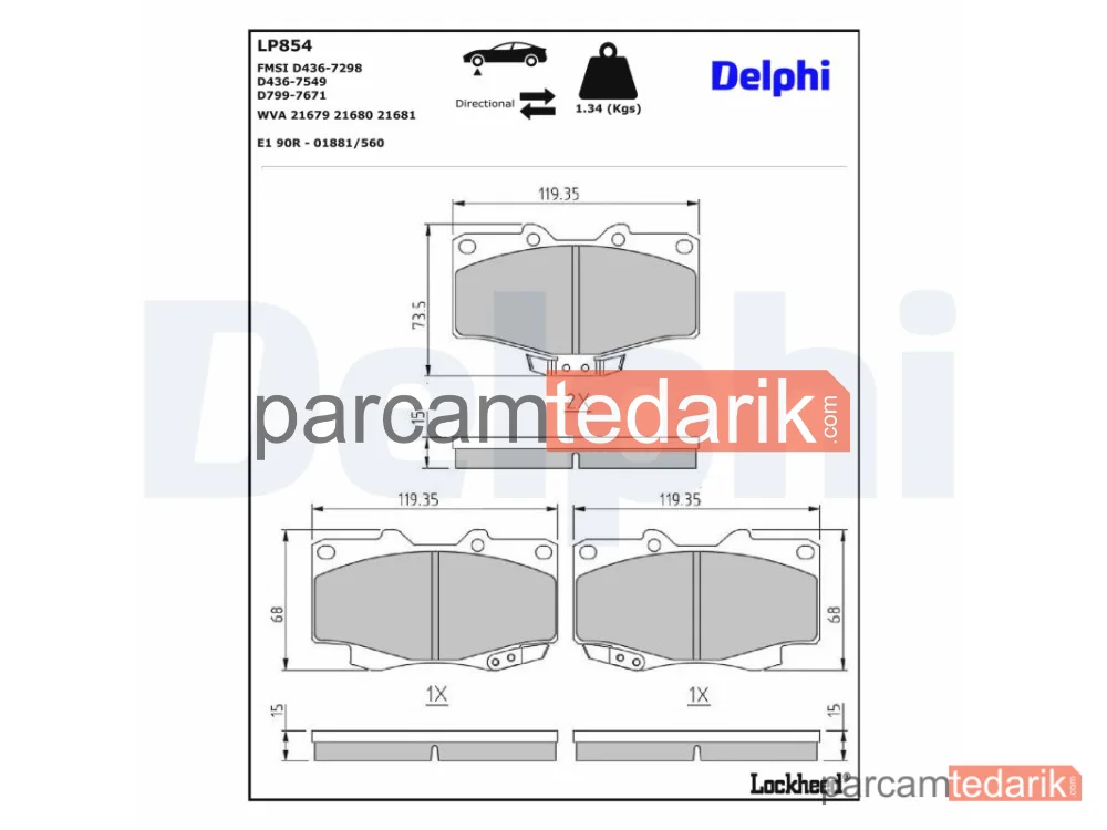DELPHI LP854 | Fren Balatası — Toyota Hilux V Pick-up, Toyota Land Cruiser, VW TARO