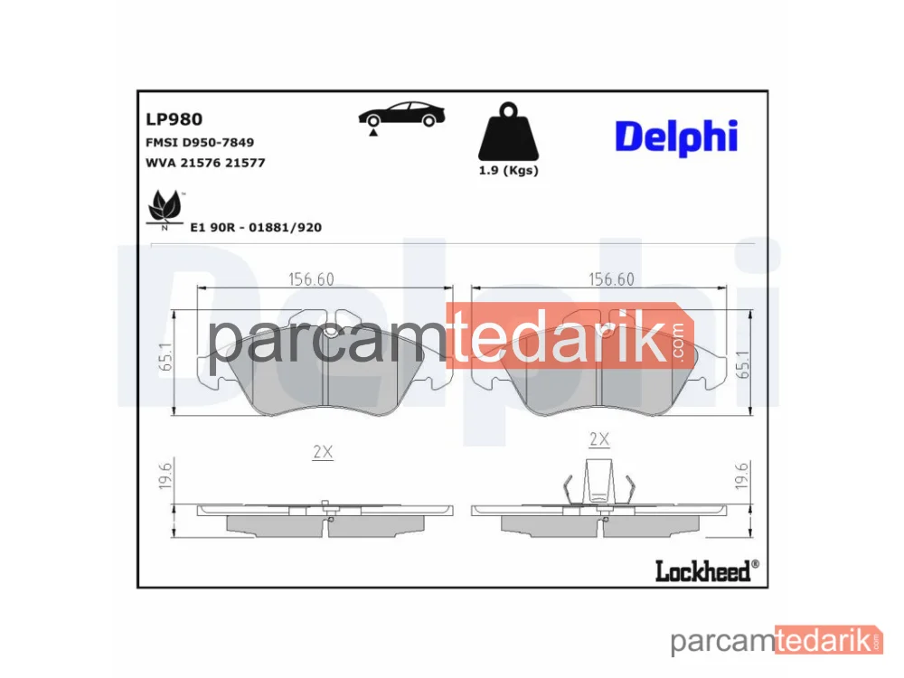 DELPHI LP980 | Fren Balatası — Mercedes-Benz Sprinter 2-t Minibüs/Otobüs, Mercedes-Benz Sprinter 2-t Panelvan/Van, Mercedes-Benz Sprinter 2-t Platform şasi
