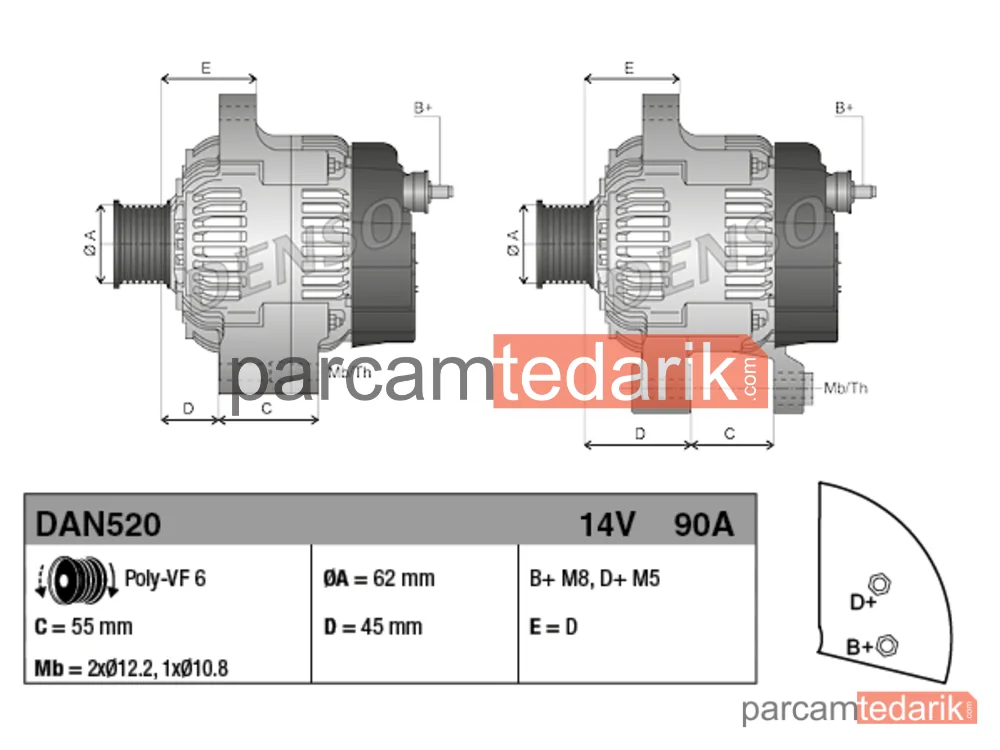 DENSO DAN520 | Alternatör — Fiat Stilo Multi Wagon, Fiat Bravo I, Fiat Marea