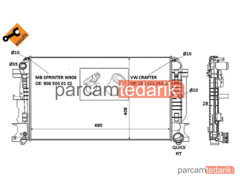 NRF 53885 | Su Radyatörü — Mercedes-Benz Sprinter 3,5-t Minibüs/Otobüs, Mercedes-Benz Sprinter 3,5-t Panelvan/Van, Mercedes-Benz Sprinter 3,5-t Platform şasi