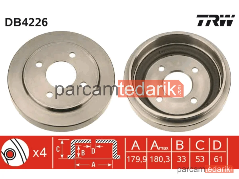 DB4226 | Fren Kampanası Arka Nissan Micra II 1.0 İ 16V 92-03, 1.3 İ 16V 92-00, 1.4 İ 16V 00-03, 1.5 D 98-03