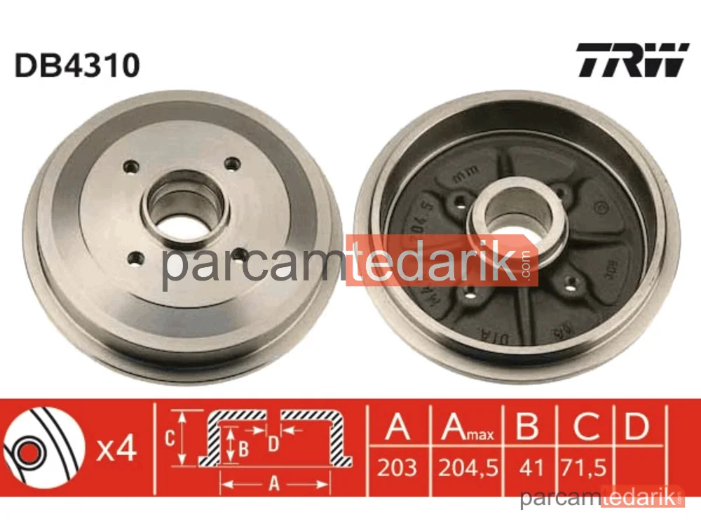 DB4310 | Fren Kampanası Arka Peugeot 1007 1.4 05=>, 1.4 16V 05=>, 1.4 HDİ 05=>, 208 I 1.6 12=>, 1.6 Bluehdi 13=>