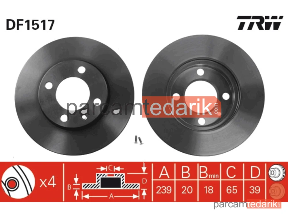 DF1517 | Fren Diski Ön Hava Kanallı, Boyali, 4 Bijon, 239 MM Volkswagen Golf III 1.4 91-97, 1.6 92-97, 1.9 D 91-97, Audi 80 1.6 GT 73-76, 1.6 GTE 76-82