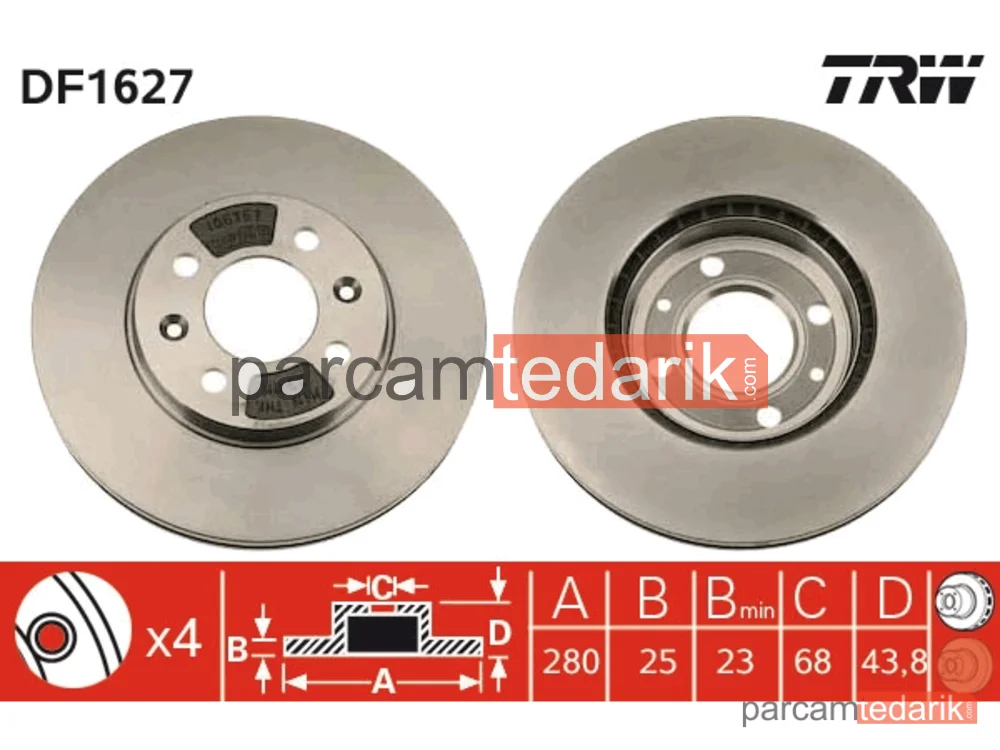 DF1627 | Fren Diski Ön Hava Kanallı, Boyali, 4 Bijon, 280 MM Opel SAAB 9000 2.0 -16 89-93