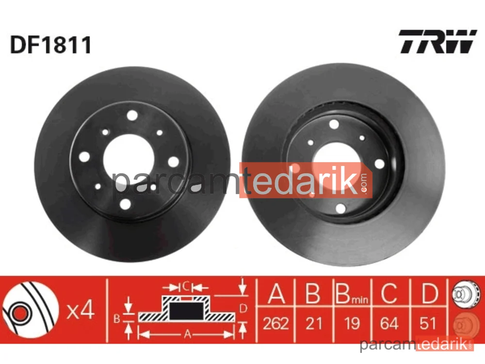 DF1811 | Fren Diski Ön Hava Kanallı, Boyali, 4 Bijon, 262 MM Rover 800 820 88-91, 820E 86-91, 820 Sİ 88-91, 820 16V T 92-99, 820 SPORT 94-96