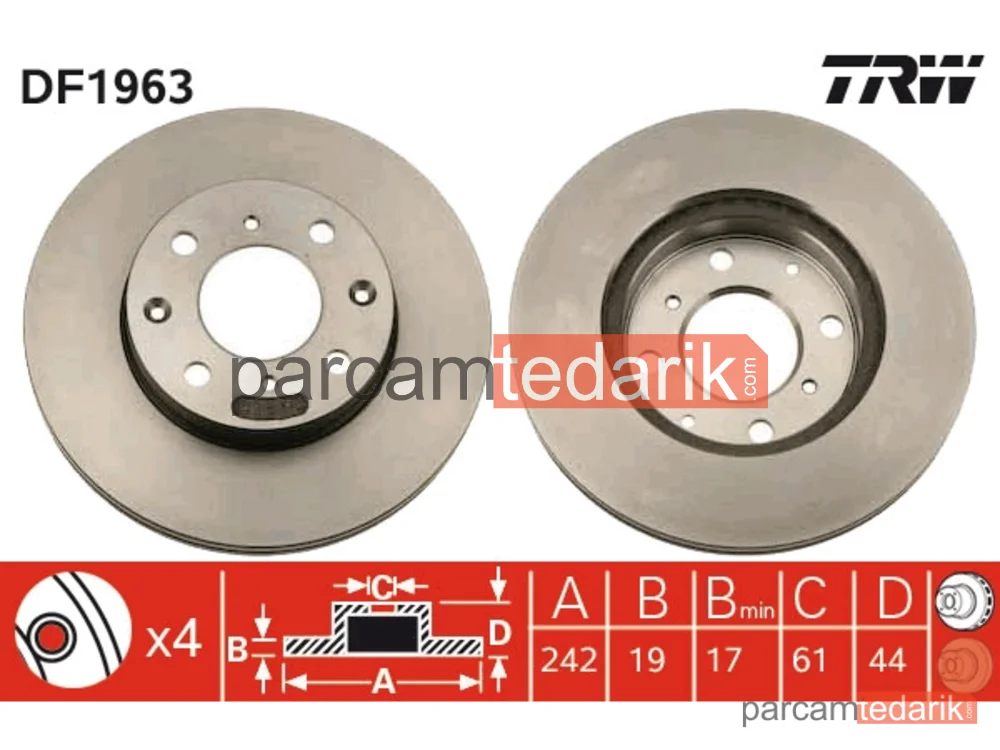 DF1963 | Fren Diski Ön Hava Kanallı, Boyali, 4 Bijon, 242 MM Honda Civic IV HB 1.5 İ 16V 88-91, 1.6İ 16V 87-91, CRX II 1.6 İ 16V 87-92, CRX III 1.6 ESİ 92-98, Integra HB 1.5 85-89, 1.6 86-89