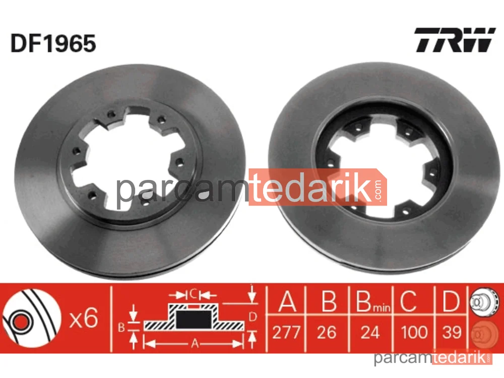 DF1965 | Fren Diski Ön Hava Kanallı, Boyali, 6 Bijon, 277 MM Nissan Terrano I 2.4 86-95, 2.4 İ 4WD 87-93, 2.7 TD 4WD 89-96