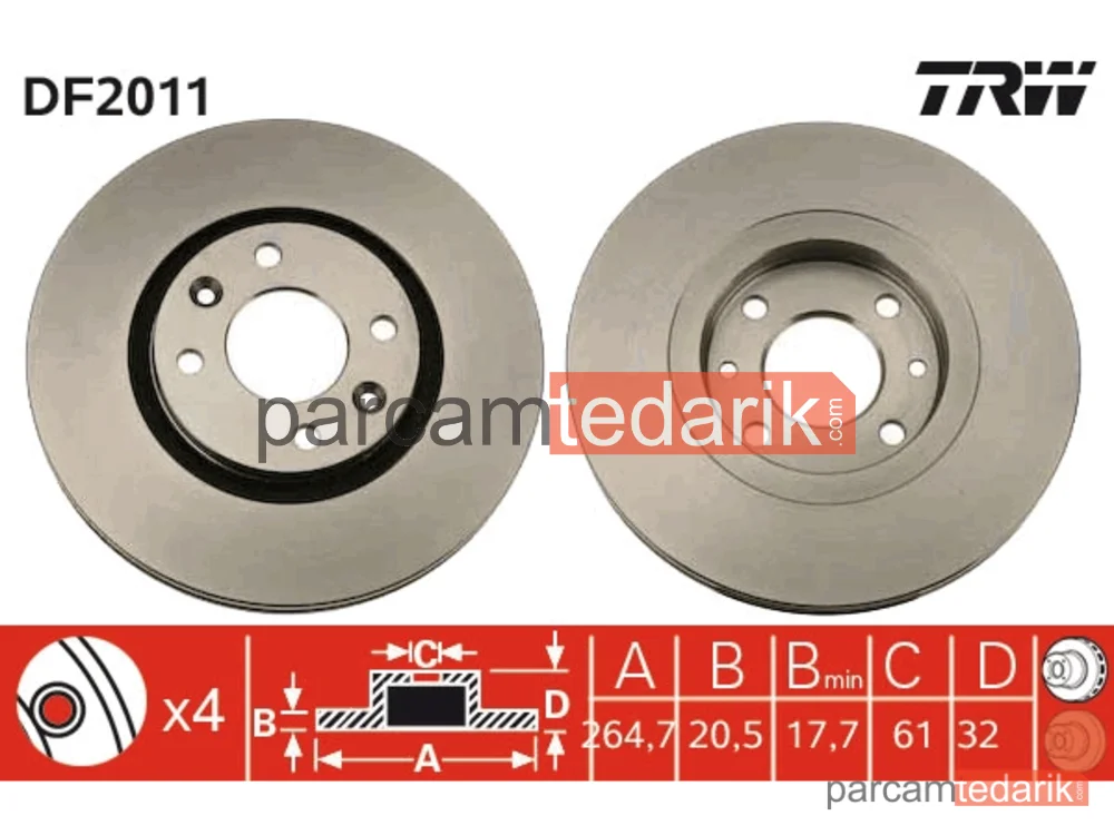 Fren Diski Ön Hava Kanallı, Boyali, 4 Bijon, 265 MM Renault 21 2.2 89-94, 2.2 4X4 90-94 - DF2011