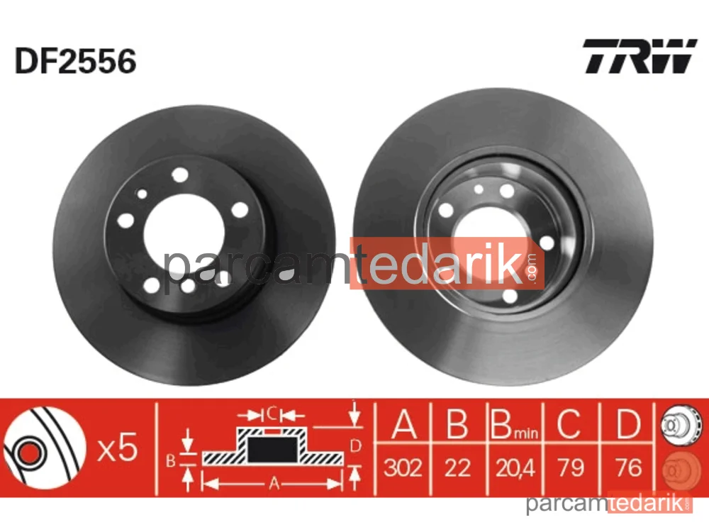 DF2556 | Fren Diski Ön Hava Kanallı, Boyali, 5 Bijon, 302 MM BMW 5 520 İ 87-90, 525-530 İ 88-90, 535 İ 87-93