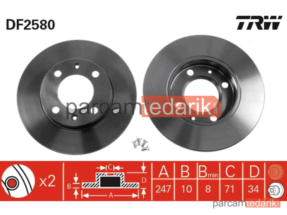 DF2580 | Fren Diski Arka 4 Bijon, Boyali, 247 MM Peugeot 405 I 1.9 87-92