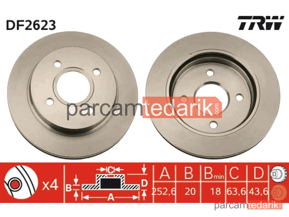 DF2623 | Fren Diski Arka Hava Kanallı, Boyali, 4 Bijon, 252,6 MM Ford Mondeo I 1.6-1.8-2.0 16V 93-96, 1.8 TD 93-96, 2.5 İ 24V 94-96