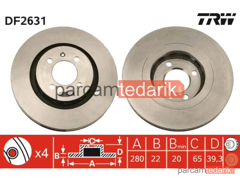 DF2631 | Fren Diski Ön Hava Kanallı, Boyali, 4 Bijon, 280 MM Volkswagen Corrado 1.8 88-93