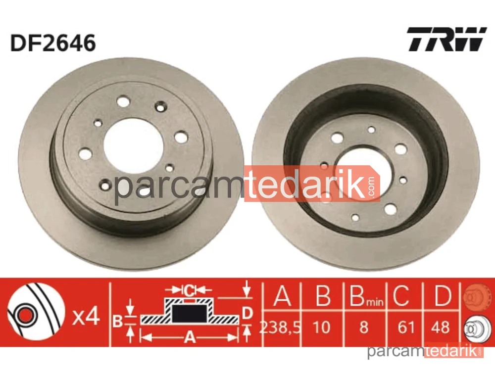 DF2646 | Fren Diski Arka 4 Bijon, Boyali, 239 MM Honda Accord III 2.0 EX 85-90, 2.0 İ 16V 87-87