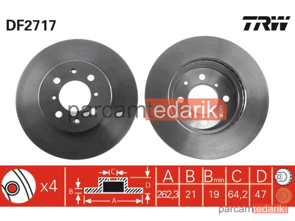 DF2717 | Fren Diski Ön Hava Kanallı, Boyali, 4 Bijon, 262 MM Rover 200 HB 214 93-95, 214 Sİ/GSİ 90-95, 216 GSİ 90-95, 216 GTİ 90-95, 220 GTİ 91-95, 220 T 93-95, 218 TD 91-95