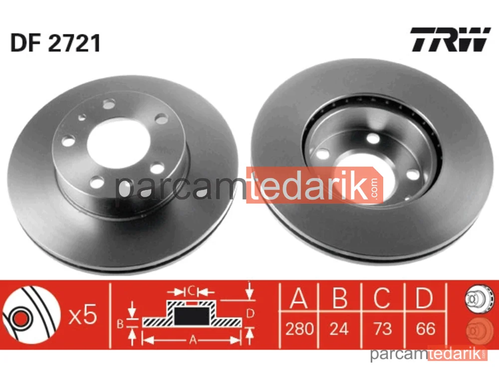 DF2721 | Fren Diski Ön Hava Kanallı, Boyali, 5 Bijon, 280 MM Citroen Jumper 2.5 TD 94-02, 2.5 TDİ 96-00