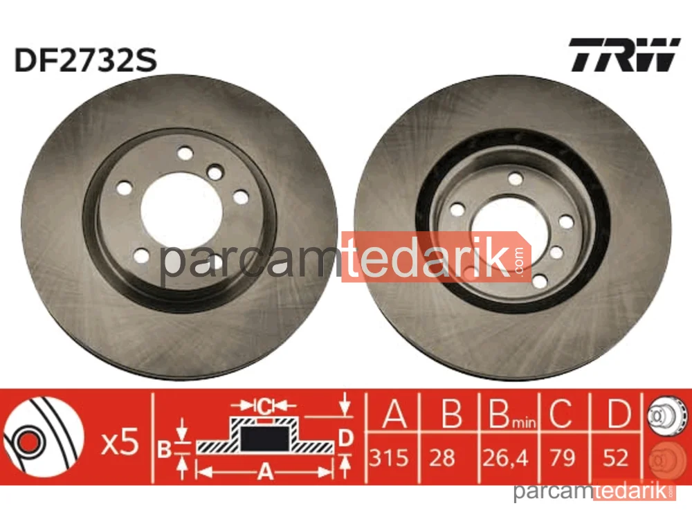 DF2732S | Fren Diski Ön Sağ Hava Kanallı, Boyali, 5 Bijon, 315 MM BMW Z3 Roadster M 3.2 97-03, 3 M3 3.0 94-95 M3 3.2 95-98