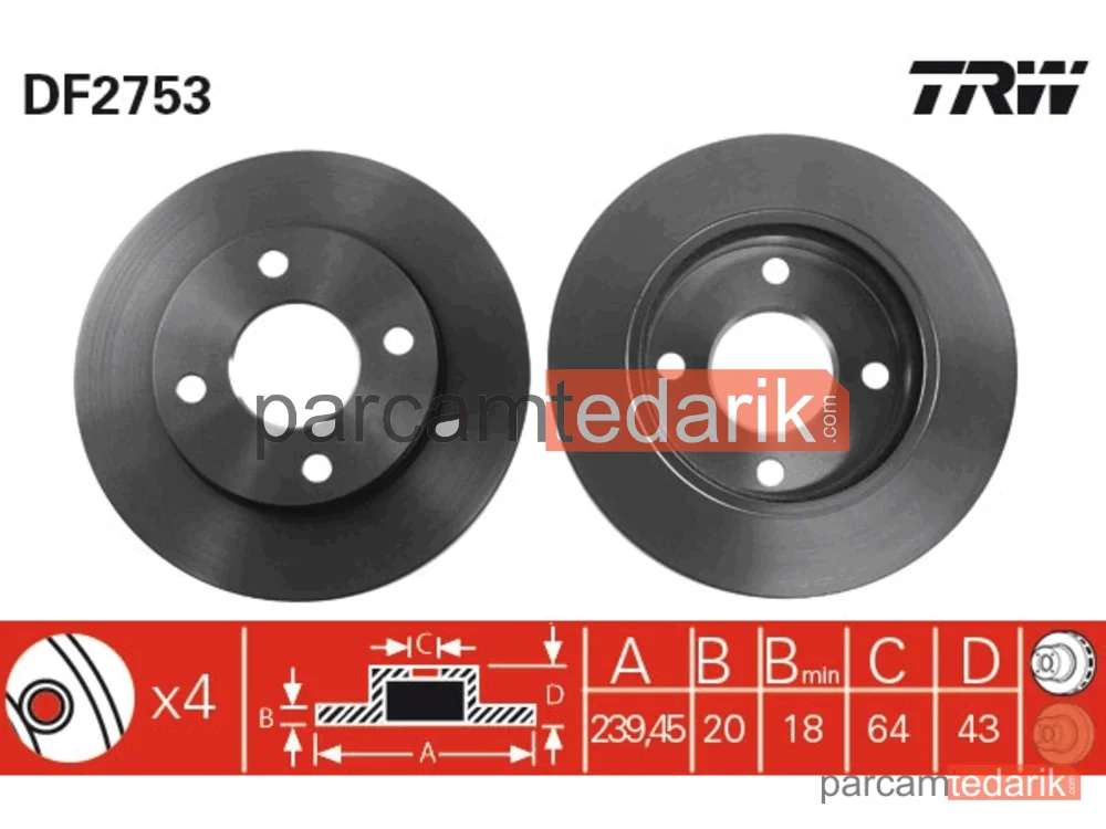 DF2753 | Fren Diski Ön Hava Kanallı, Boyali, 4 Bijon, 240 MM Ford Escort V 1.3-1.4 90-95, 1.6 16V 92-95, 1.6 90-93, 1.8 16V XR3İ 92-95, 1.8 D 90-95, 1.8 TD 93-95, Fista III 1.1-1.3-1.4 89-95, 1.6 89-94, 1.6 İ 16V 94-95, 1.6 T 90-92, 1.8 16V 92-95, 1.8 D 89-95