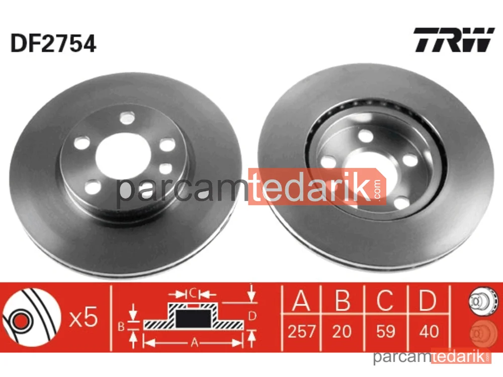 DF2754 | Fren Diski Ön Hava Kanallı, Boyali, 5 Bijon, 257 MM Fiat Scuda Combinato 1.6 96-06, 2.0 16V 00-06, 1.9 D 96-06, 1.9 TD 96-06, 2.0 JTD 99-06, Citroen Jumpy 1.6 95-00, 2.0 00-06, 1.9 D 95-98, 1.9 TD 95-03, 2.0 HDİ 99-06