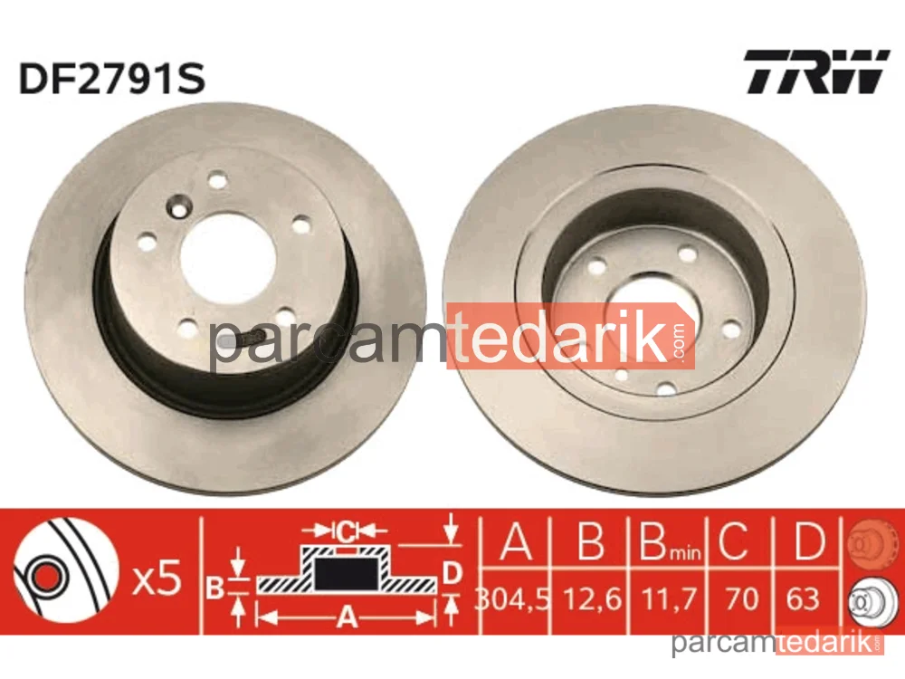 DF2791S | Fren Diski Arka DUZ 5 Delik (Land Rover Range Rover 2.5TD, 2.5TDI 3.9İ V8 4.0 V8, 4.6 94-)
