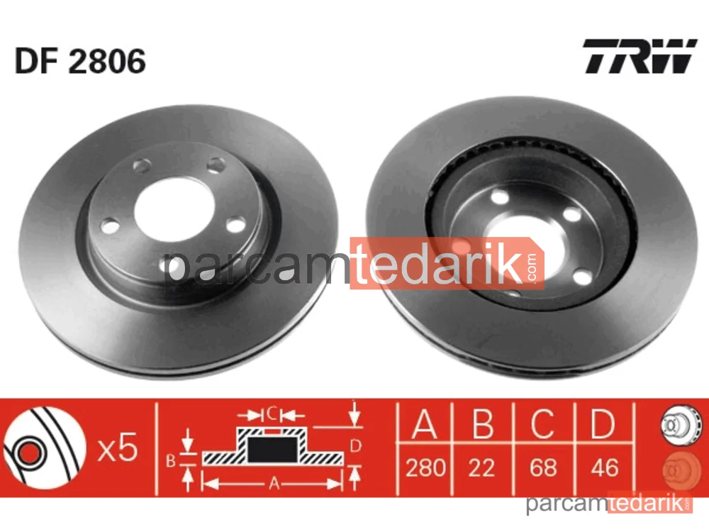 DF2806 | Ön Fren DISKI-280X22 5×112 (VW Passat 97-00 Audi A4 95-08 Seat Exeo 09-14)