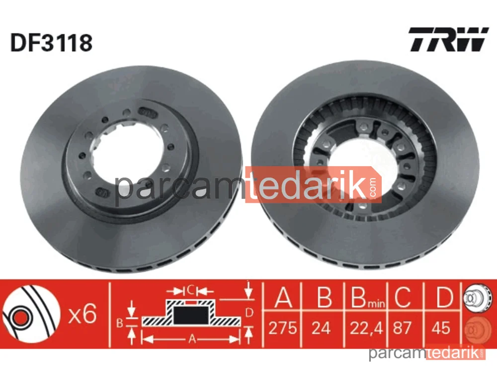 DF3118 | Fren Diski Ön Hava Kanallı, Boyali, 6 Bijon, 276 MM Mitsubishi L 200 2.4 4WD 96-07, 2.5 D 96-07, 2.5 TD 01-05, 2.5 TD 4WD 96-07