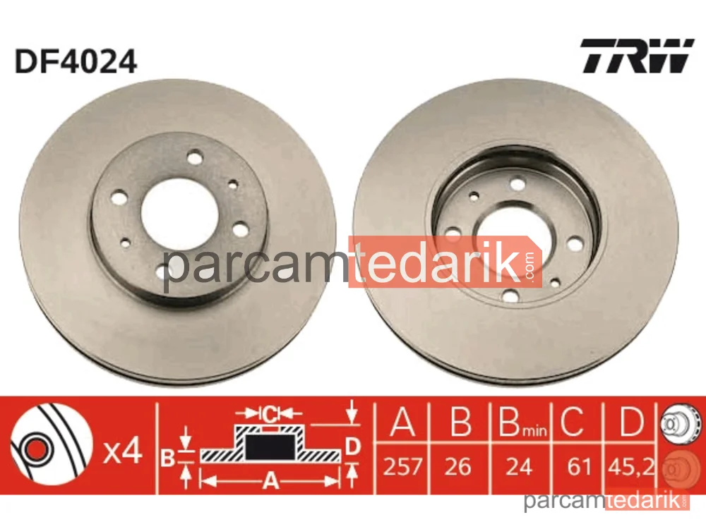 DF4024 | Fren Diski Ön Hava Kanallı, Boyali, 4 Bijon, 257 MM Nissan Almera I HB 2.0 GTİ 96-00, SUNNY III LB 2.0 İ 16V 90-95, SUNNY III HB 2.0 GTİ 16V 90-95