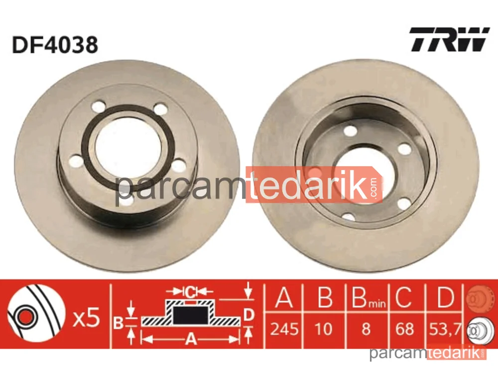 DF4038 | Fren Diski Arka 5 Bijon, Boyali, 245 MM Audi A6 1.8 T Quattro 97-05