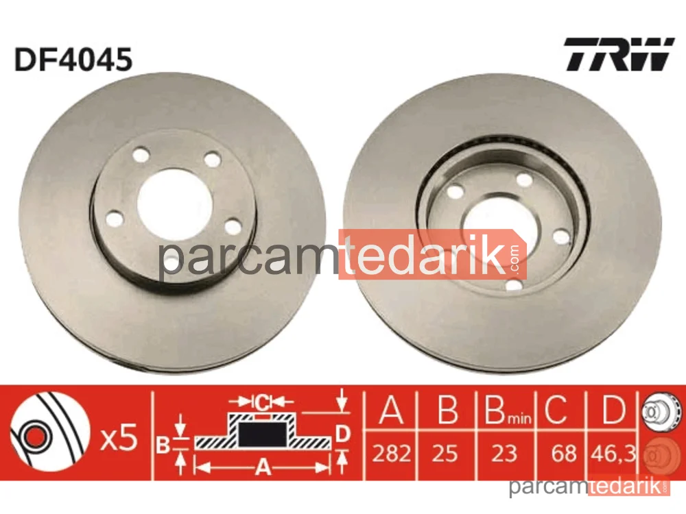 DF4045 | Fren Diski Ön Hava Kanallı, Boyali, 5 Bijon, 282 MM Volkswagen Passat 1.6-1.8 96-00, 1.8 T 96-00, 2.3 VR5 96-00, 1.9 TDİ 96-00