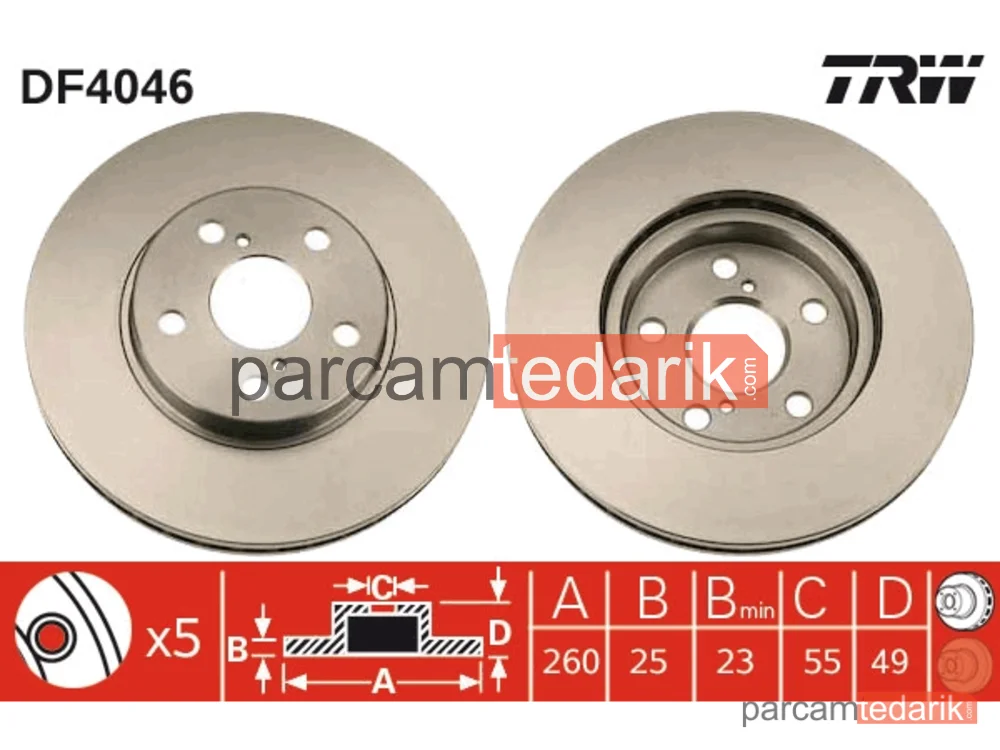 DF4046 | Fren Diski Ön Hava Kanallı, BOYALI,5 Bijon, 260 MM Toyota Avensis 2.0 97-00