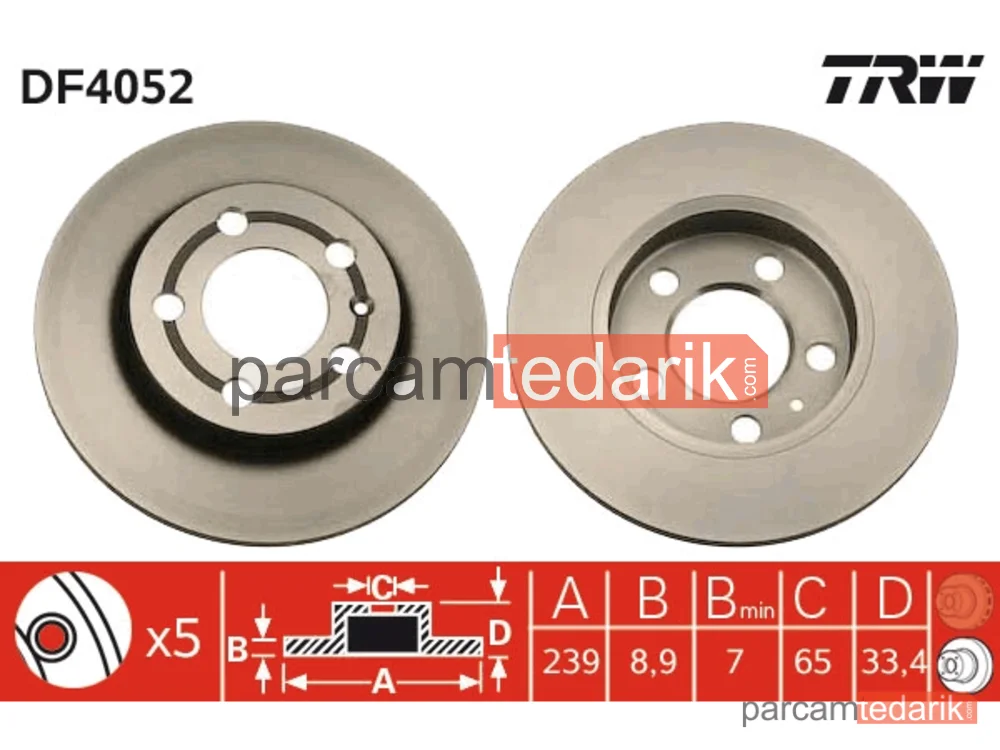 DF4052 | Fren Diski Arka 5 Bijon, Boyali, 239 MM Audi A3 1.8 T Quattro 96-03