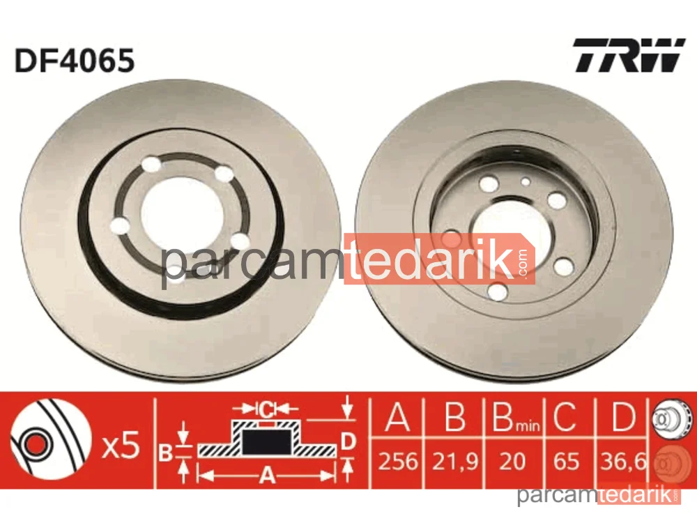 DF4065 | Fren Diski Arka Hava Kanallı, Boyali, 5 Bijon, 256 MM Seat Toledo II 1.9 DTİ 00-06