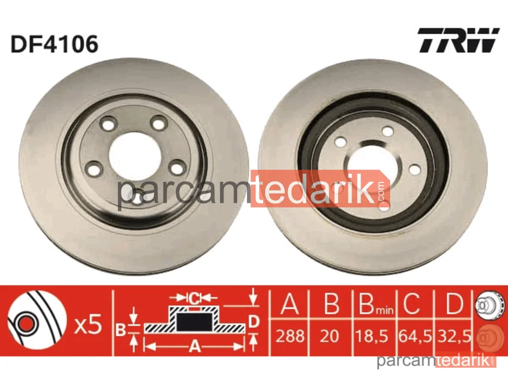 DF4106 | Fren Diski Arka Hava Kanallı, Boyali, 5 Bijon, 288 MM Jaguar S-TYPE 2.5 V6 02-07, 3.0 V6 99-07, 4.0 V8 99-02, 4.2 V8 02-07, 2.7 D 04-07
