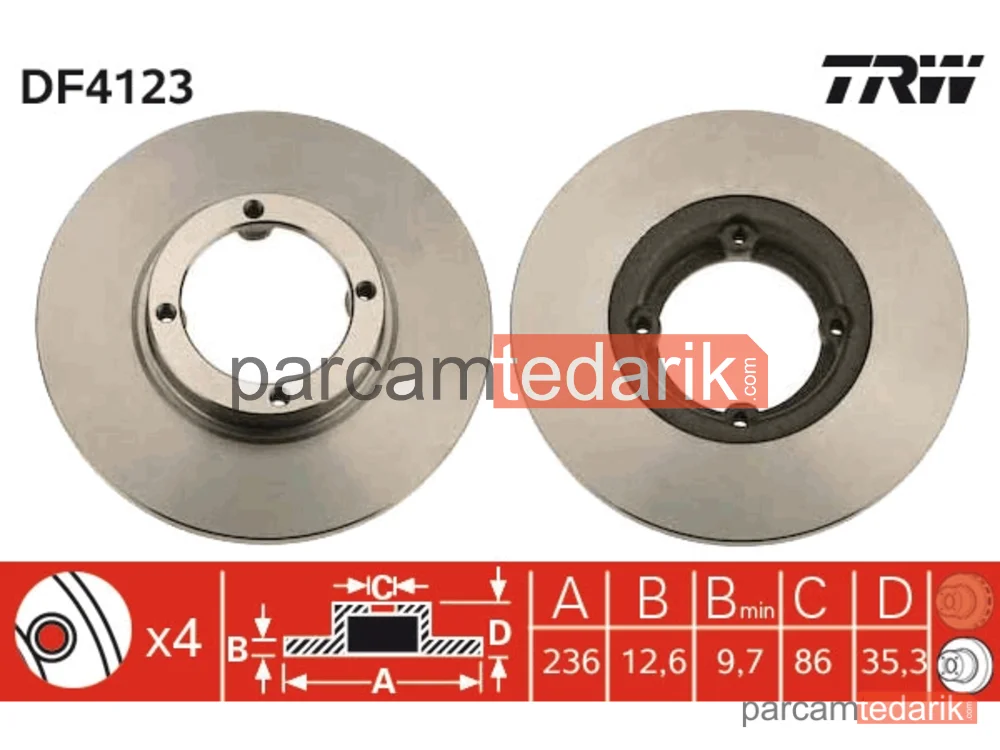 DF4123 | Fren Diski Ön 4 Bijon, Boyali, 236 MM Chevrolet Matiz 0.8 05-13, 1.0 05=>